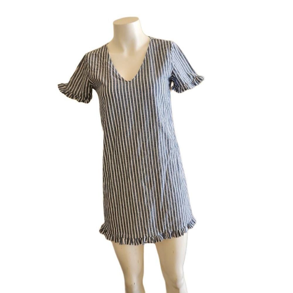 Everly small 100% cotton blue white striped mini dress short sleeve ruffle v-nec